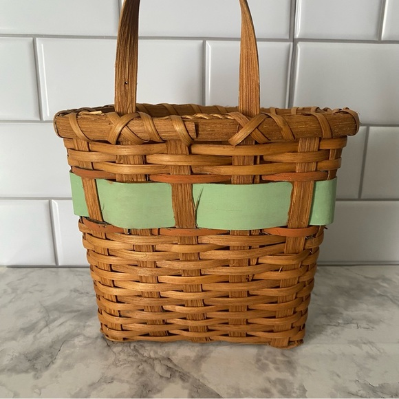 Vintage Woven Wood Basket with Handle | Rustic Farmhouse Storage Basket - Picture 7 of 12
